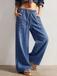 Bohemela Plus Size Casual Washed Drawstring Waist Jeans - Medium Wash - View 1
