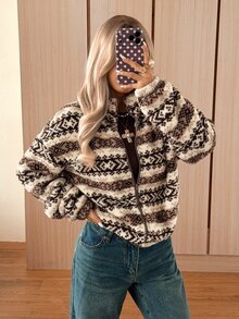 SHEIN EZwear 女款長袖前開拉鍊休閒復古幾何圖案抓絨夾克 - 摩卡棕 - 查看 7
