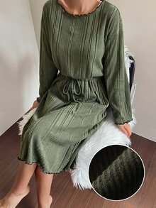 DAZY Women's Solid Color Drawstring Waist Long Sleeve Nightgown - Purple - View 4