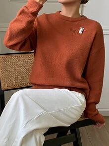 DAZY Women's Loose Round Neck Long Sleeve Casual Holiday Korean Style Autumn/Winter Letter Pattern Embroidered Knit Sweater - Red - View 4