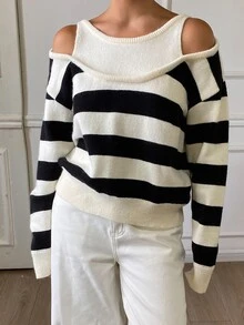 DAZY Women's Contrast Color Striped Loose 2 In 1 Cold Shoulder Long Sleeve Casual Vacation Korean Style Autumn/Winter Knit Sweater - Apricot - View 6