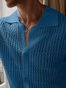 Manfinity Homme Men's Solid Color Short Sleeve Single-Breasted Hollow Knit Cardigan - Blue - View 7
