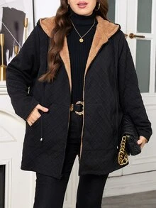 SHEIN Clasi 大尺碼女款純色長袖前拉鍊保暖內裡連帽外套 - 黑色 - 查看 6