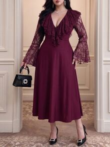 Vibekara Gaun Pesta Wanita Elegan Model A-Line Lengan Panjang Warna Burgundy untuk Musim Semi, Gugur, dan Musim Dingin. - Red Violet - View 6