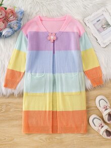 SHEIN 女童可愛拼色彩虹條紋V領寬鬆休閒針織開襟毛衣，秋冬款 - 彩色 - 查看 1