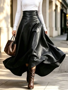 SHEIN Franclia 女款純色PU皮革時尚百搭裙 黑色 秋季 優雅 約會日常穿搭 - 黑色 - 查看 1