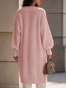 Balvessa Deep V-Neck Drop Shoulder Lantern Sleeve Ribbed Cuff Loose Buttonless Women's Cardigan - Baby Pink - View 2