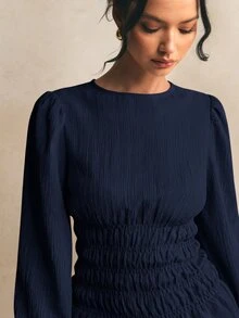 Poéselle Atasan Lengan Panjang Wanita Warna Polos Berlipit, Kasual, Serbaguna untuk Sehari-hari - Navy Blue - View 3