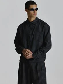 Musero Crop Length Boxy Oversized Drop Shoulder Pinstripe Shirt With Back Embroidery Patch Chest Pocket Co Ord Shirt Only Autum Winter Essentials - Black - View 3
