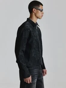 Musero Cropped Boxy Fit Flat PU Suede Jacket Tonal Zip Detail Slight Drop Shoulder Autum Winter Essentials - Black - View 4