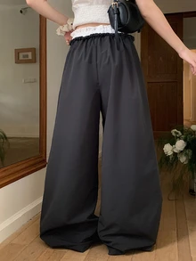 DAZY Women's Lace Patchwork Drawstring Waist Loose Fit Long Pants - Black - View 7