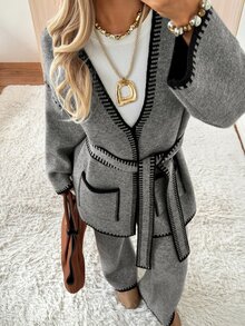 SHEIN EZwear Women's Fashion Long Sleeve Contrast Color Pocket Knit Cardigan - Grey - View 1