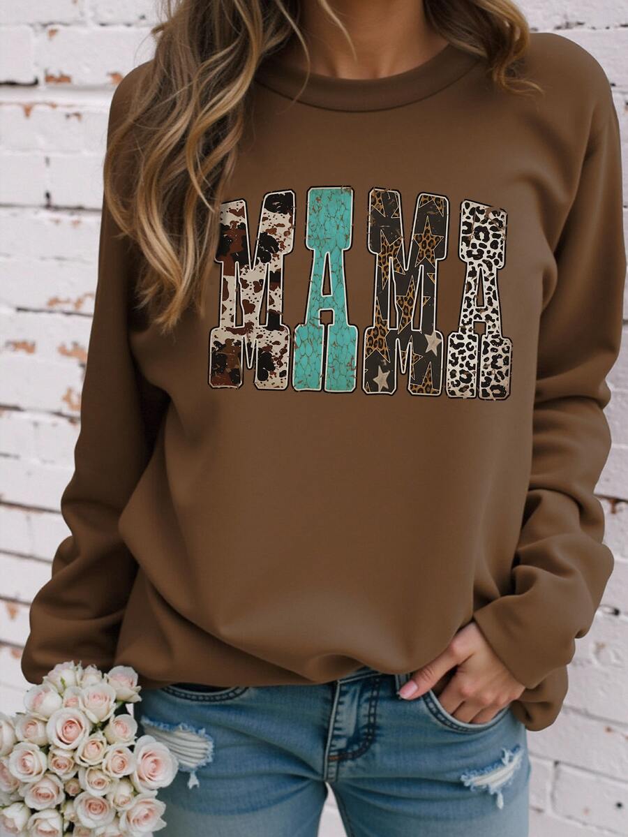 EMERY ROSE Western Wind Leopard Pattern Snake Pattern MAMA Printed Casual Plus Size Long Sleeve T-Shirt - Coffee Brown - View 1