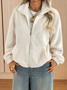 SHEIN EZwear 女款純色拉鍊休閒百搭長袖夾克，適合日常居家旅行，白色，秋季 - 白色 - 查看 3