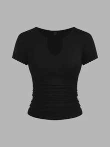 SHEIN EZwear 女款休閒舒適缺口領抓皺短袖T恤 黑色、白色、灰色 3件組 - 黑與白 - 查看 4
