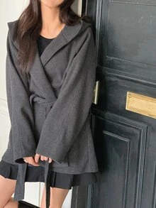DAZY Women's Solid Color Loose Long Sleeve Hooded Belt Casual Vacation Korean Style Thickened Wool Jacket, Autumn/Winter - Grey - View 4