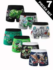 7pcs Boys Comfortable Printed Cartoon Dinosaur Boxer Briefs, Fashionable Printed Underwear For Boys - Multicolor - View 1
