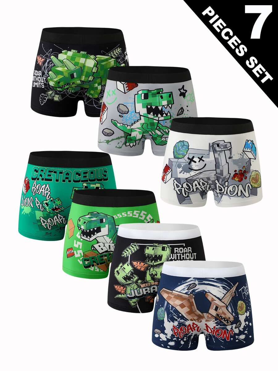 7pcs Boys Comfortable Printed Cartoon Dinosaur Boxer Briefs, Fashionable Printed Underwear For Boys - Multicolor - View 1