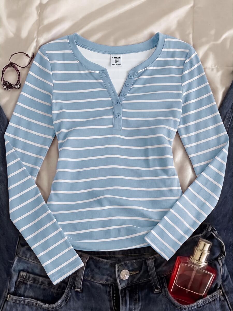 SHEIN 青少年女孩修身休閒極簡舒適圓領開扣白色與藍色條紋長袖T恤 - 藍色 - 查看 1