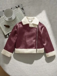 Emery Rose Kids Emery Rose Kids 女童拼色時尚拉鍊翻領PU材質秋冬夾克 - 酒紅色 - 查看 10