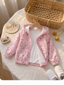SHEIN 女嬰可愛休閒粉色花卉圖案連帽秋季外套 - 淺粉色 - 查看 3