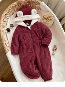 SHEIN 新生女嬰秋冬款可愛毛茸茸拼色連帽連身衣 - 酒紅色 - 查看 2