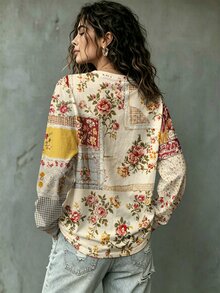 Breezaya 大尺碼女款休閒復古拼接格紋碎花圓領長袖T恤上衣，適合秋季日常穿著 - 彩色 - 查看 2