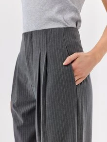 KÆRIA Hus Clean Waist Pleated Wide Leg Pant - Compact Tailoring - Charcoal Pinstripe - Elegant, Luxury, Formal - Dark Grey - View 5