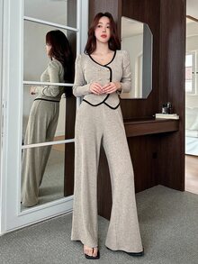 DAZY 女款拼色長袖上衣與長褲休閒日常兩件套 - 米色 - 查看 5