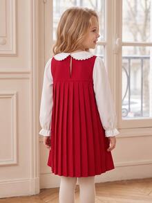 SHEIN Genkimix Kids 女童甜美櫻桃拼接洋裝，蕾絲飾邊彼得潘領泡泡長袖百褶A字領派對洋裝，適合秋季 - 紅色 - 查看 2