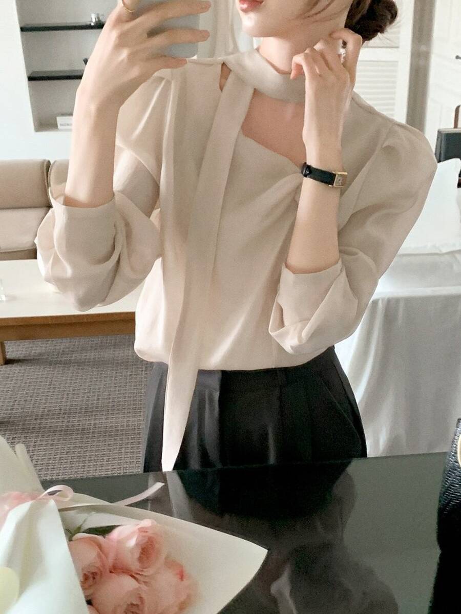 DAZY 女款前綁帶優雅韓風長袖春夏襯衫 - 杏色 - 查看 1