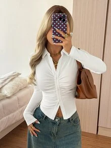 SHEIN EZwear 白色針織女款長袖百褶單排扣T恤 - 白色 - 查看 8