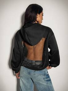 SHEIN ICON Women's Black Oversized Gothic Sexy Zip Up Rhinestone Bling Patchwork Casual Everyday Hooded Sweatshirt - Black - View 3