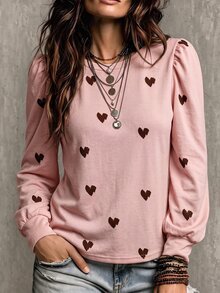 Glimmora Fashion Casual Retro Basic Round Neck Puff Long Sleeve Pink Base Coffee Heart Print T-Shirt - Multicolor - View 1