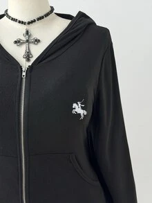 Sunspun Jaket Berkerudung Berresleting Motif Bordir Berkuda Wanita Ukuran Besar untuk Musim Gugur - Coklat - View 3