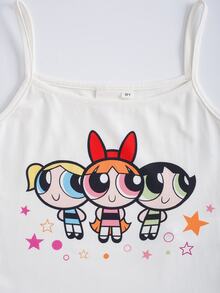 THE POWERPUFF GIRLS X SHEIN Tween Girl Cartoon Camisole And Shorts Casual Daily Home Sleepwear Set - White - View 4