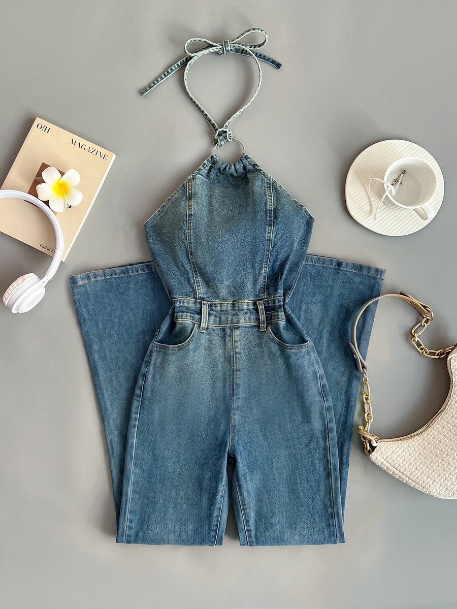 Elamini Women's Fashion Versatile Halter Tie Flared Denim Jumpsuit - Blue - View 1