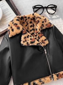 SHEIN 女嬰秋冬可愛百搭拼色保暖內裡人造毛皮夾克 皮革羊羔毛 秋季百搭街頭風豹紋 - 黑色 - 查看 3