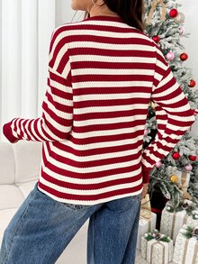 SHEIN Maternity Striped Round Neck Long Sleeve Casual Versatile T-Shirt - Red - View 2