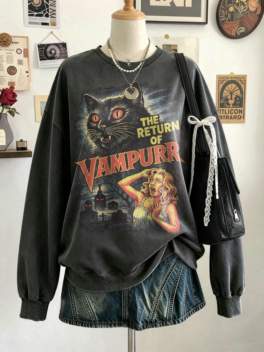 Lalippa Women's Letter Cat Print Long Sleeve Casual Crew Neck Ribbed Sweatshirt - Dark Grey - View 1
