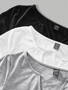 SHEIN EZwear 女款休閒舒適缺口領抓皺短袖T恤 黑色、白色、灰色 3件組 - 黑與白 - 查看 13