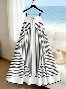 SHEIN Franclia تنورة كاجوال للعطلات مخططة ومكسرة - أبيض - مشاهدة 3