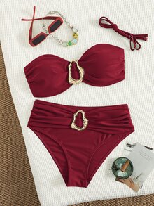 Swim Chiccia 女款海灘度假休閒波爾多紅可拆式細肩帶高腰比基尼套裝，附金屬裝飾 - 酒紅色 - 查看 6