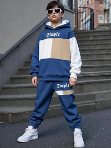 SHEIN 青少年男孩美式復古撞色寬鬆長袖連帽衫套裝，冬季，街頭風，返校季 - 彩色 - 查看 3