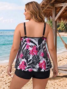 SHEIN CURVE+ Women's Summer Beach Floral Print Tankini & Tankini Bottom Two-Piece Swimsuit Set - Multicolor - View 2