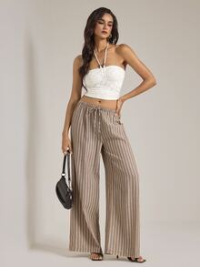 SHEIN Tall 女款高個子版復古棕色條紋直筒長褲－休閒通勤工作風 - 棕色 - 查看 5