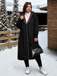 SHEIN Clasi Plus Size Autumn/Winter Thermal Lined Long Hooded Coat - Black - View 5