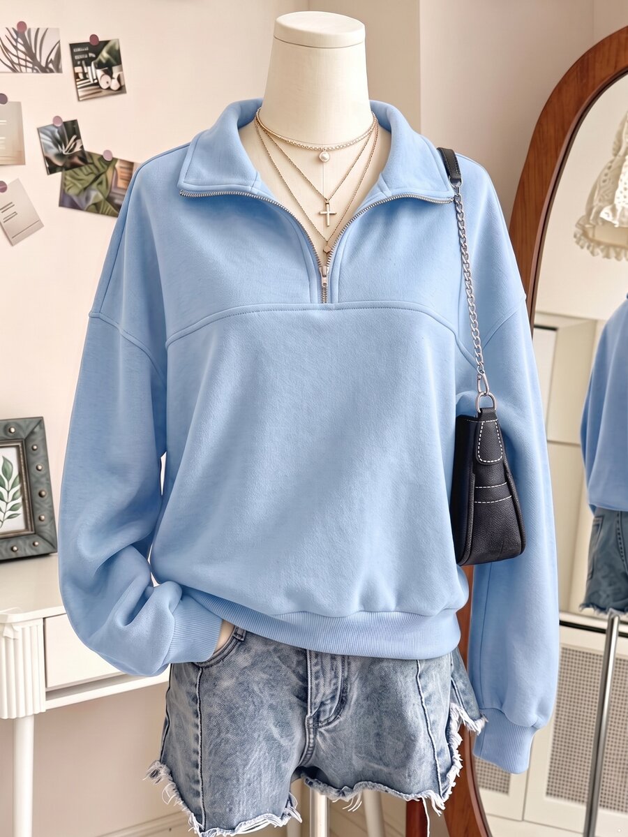 SHEIN Sparklyn 青少年女孩純色落肩長袖半拉鍊休閒運動衫 - 藍色 - 查看 1