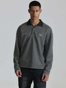 Musero Long Sleeve Stripe CrewNeck Top In Crop Length With Distressed Stripe Contarst Neckline Drop Shoulder Autum Winter Essentials - Black and White - View 3
