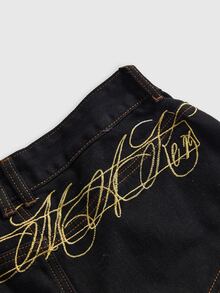 ROMWE Street Life Summer Street Punk Camouflage Contrast Color Slogan Embroidered Mini Denim Shorts - Black - View 3